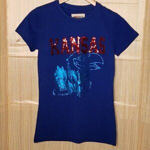 University Of Kansas Womens Blue Metallic Sequin Shirt Medium